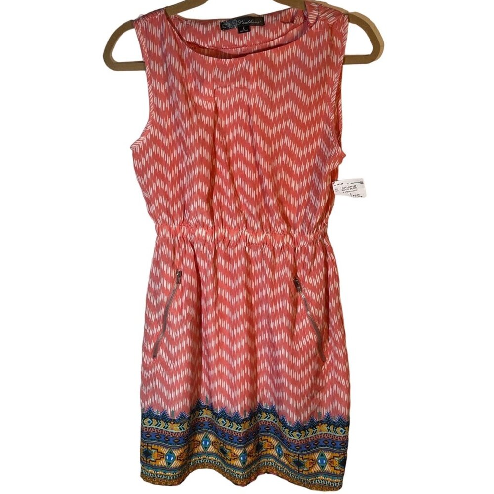 Feathers pink white with green orange blue red design at bottom large READ  NEW